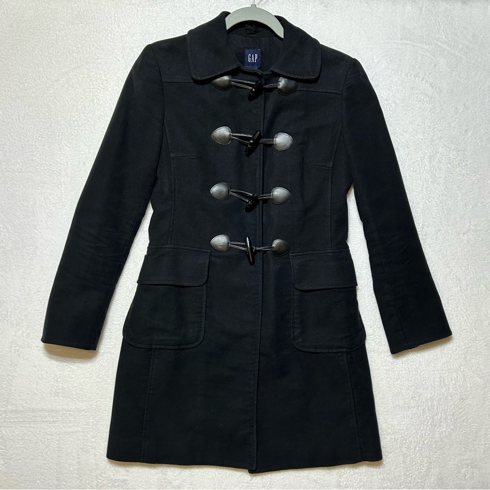 GAP Black Peacoat Jacket XS Toggle Closure Front Flap Pockets Lined 100% Cotton